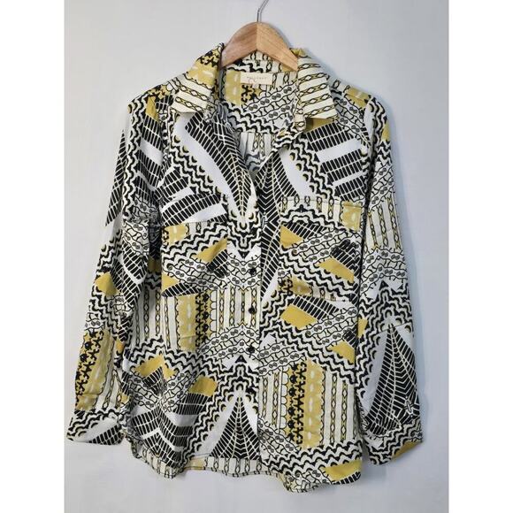 Melloday Patterned Patchwork Blouse in Black Yellow Button Front Size M $268 - Picture 1 of 7